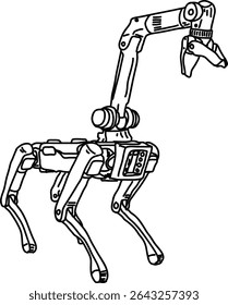 Cão robô com guindaste grande em cima, de pé em suas quatro pernas esperando por ordens, desenhado à mão esboço ilustração. Localize o drone andando caneta desenho logotipo decoração simples. Assistente de máquina de todo terreno