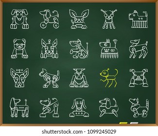 Robot Dog chalk icons set. Grunge outline web sign kit of pet. Character linear icon collection includes AI machine, animal cyborg. Simple hand drawn robot dog symbol on chalkboard vector Illustration