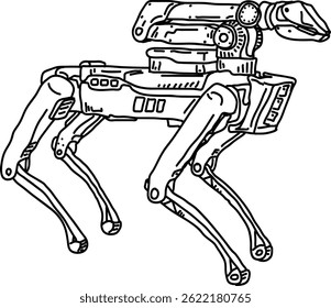 Cão robô com um guindaste em cima, desenhado à mão esboço ilustração. Máquina de quatro pernas militar mecânica equipada com mão capaz de aprender e andar sobre terreno áspero e servir humanidade caneta desenho logotipo 