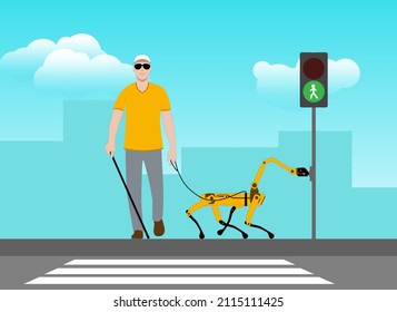 Un perro robot ayuda a un ciego a cruzar la carretera. El perro robot enciende el semáforo verde. El concepto de asistentes robóticos.