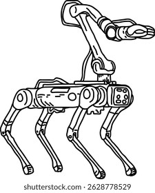 Cão robô com seu braço de guindaste esticado, desenho à mão esboço ilustração. Assistente de drone andando eletrônico com guindaste de braço, caneta desenhando sinal de vetor. Cão mecânico como portador de manchas avançado ágil. 