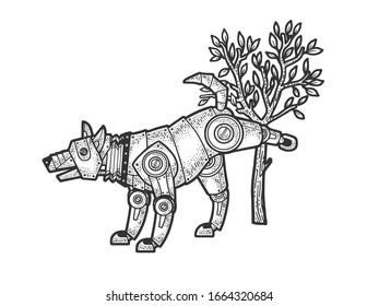 robot dog pissing on tree sketch engraving vector illustration. T-shirt apparel print design. Scratch board imitation. Black and white hand drawn image.