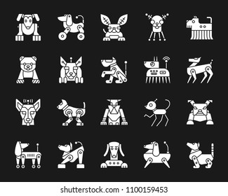 Robot Dog silhouette icons set. Isolated web sign kit of pet. Character monochrome pictogram collection includes transformer, machine, cyborg. Simple white symbol. Robot Dog vector Icon shape