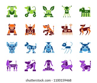 Robot Dog silhouette icons set. Isolated on white web sign kit of pet. Character pictogram collection includes transformer, machine, cyborg. Simple robot dog symbol. Vector Icon shape for stamp