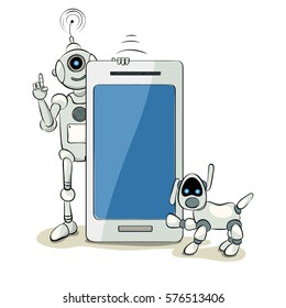 Robot and robot dog with smart phone or tablet , The friendly robot with a funny robot dog, vector illustration