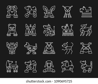 Robot Dog thin line icons set. Outline monochrome web sign kit of pet. Robot Dog linear icon collection includes transformer, machine, cyborg. Simple white symbol isolated. Vector Illustration