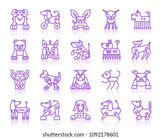 Robot Dog thin line icons set. Outline vector purple web sign kit of pet. Ultraviolet Character linear icon collection includes transformer, machine, cyborg. Simple robot dog symbol with reflection