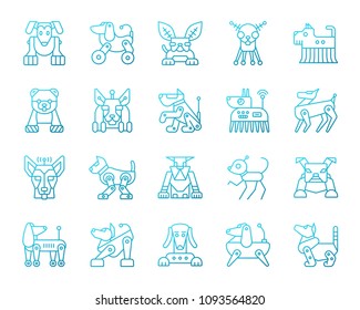 Robot Dog thin line icons set. Outline vector web sign kit of pet. Character linear icon collection includes transformer, machine, cyborg. Color gradient simple robot dog symbol isolated on white