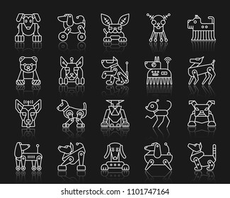 Robot Dog thin line icons set. Outline web sign kit of pet. Character linear icon collection includes transformer, machine, cyborg. Simple robot dog symbol with reflection. Vector Illustration