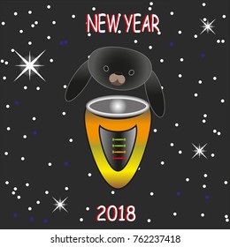 A robot dog with a trunk of yellow color with a shield and an indicator of the charge of energy. The inscription is a new year and the numbers 2018. On a black background with white stars and snow. 