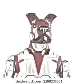 Perro robot, armadura blanca y roja, ciberperro antropomórfico. Ilustración vectorial. Diseño de crosshatch.