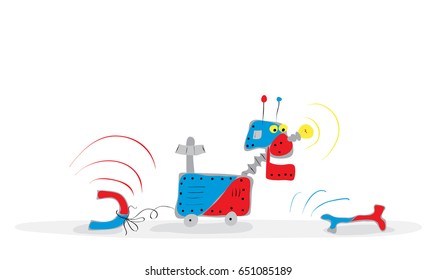 Robot dog with yellow eyes running on the ground behind a magnetic bone / funny quirks of magnetism