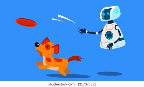 Robot Dogwalker Playing With A Dog Vector. Isolated Illustration
