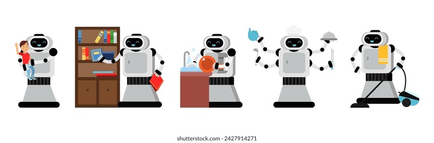 Robot Doing Housework Cleaning and Housekeeping Vector Set