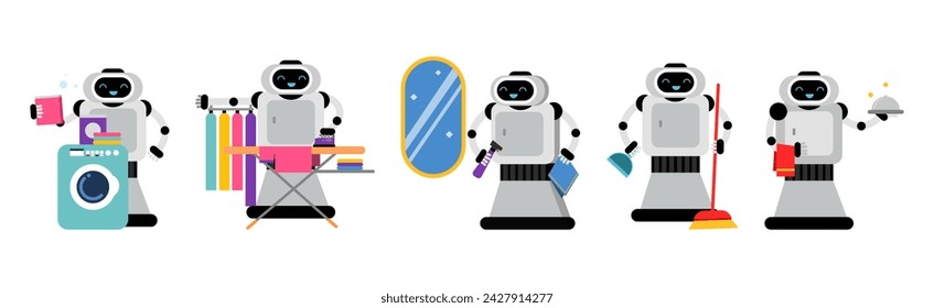 Robot Doing Housework Cleaning and Housekeeping Vector Set