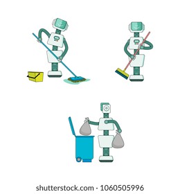 Robot doing housework collection - android cleans house, sweeps and washes floor, takes out trash isolated on white background. Cartoon characters of robotic home assistant. Vector illustration.