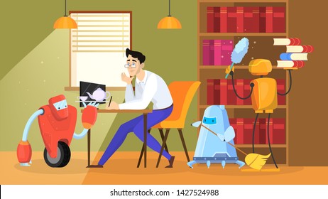 Robot Doing Housework. Home Cleaning Automation. Idea Of Modern Technology And Robotic Science. Vector Illustration In Cartoon Style