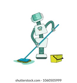 Robot doing housework on cleaning home - washing floor with wet mop isolated on white background. Cartoon character of robotic artificial intelligence housekeeper . Vector illustration.