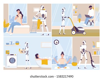 Robot doing housework. Robotic housekeeping. Robot doing home cleanup, laundry. Futuristic technology and automation. Set of vector illustration in cartoon style