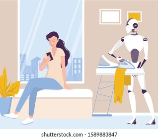 Robot doing housework. Robotic housekeeping. Robot ironing cothes. AI helps people in their life, future technology and lifestyle concept. Vector illustration in cartoon style