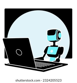 Robot doing office work. Robot sitting in front of a laptop.