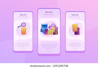 Robot doing repeatable tasks with folders and magnifier. Robotic process automation, service robots profit, automated processing concept. Mobile UI UX GUI template, app interface wireframe