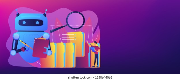 Robot doing repeatable tasks with folders and magnifier. Robotic process automation, service robots profit, automated processing concept. Header or footer banner template with copy space.