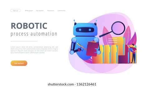 Robot doing repeatable tasks with folders and magnifier. Robotic process automation, service robots profit, automated processing concept. Website vibrant violet landing web page template.