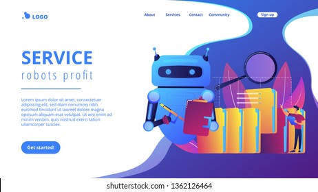 Robot doing repeatable tasks with folders and magnifier. Robotic process automation, service robots profit, automated processing concept. Website vibrant violet landing web page template.