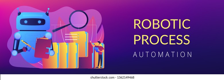 Robot doing repeatable tasks with folders and magnifier. Robotic process automation, service robots profit, automated processing concept. Header or footer banner template with copy space.
