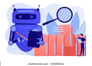 Robot doing repeatable tasks with a lot of folders and magnifier. Robotic process automation, service robots profit, automated processing concept. Pinkish coral bluevector isolated illustration