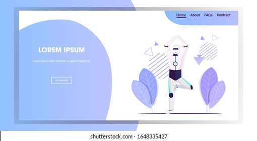 robot doing yoga exercises robotic character standing tree pose asana artificial intelligence technology concept horizontal full length copy space vector illustration