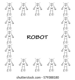 Robot doodle black and white vector square frame. Concept of science and future. Cartoon style. Hand drawn outline border.