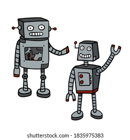 Robot. Doodle character. Friendly Mechanism. Cartoon illustration. Set of cyborgs. Metal computer man. Funny children drawing