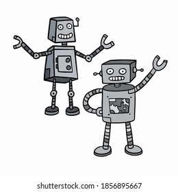 Robot. Doodle character. Friendly Mechanism. Cartoon illustration. Set of cyborgs. Metal computer man. Funny children drawing