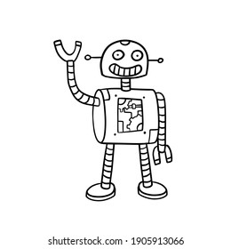 Robot. Doodle character. Metal computer man. Funny children drawing. Friendly Mechanism. Black and white cartoon illustration