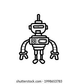 Robot. Doodle character. Metal computer man. Funny children drawing. Friendly Mechanism. Black and white cartoon illustration