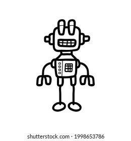 Robot. Doodle character. Metal computer man. Funny children drawing. Friendly Mechanism. Black and white cartoon illustration