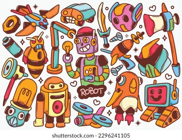 Colección de vectores de color dibujados a mano de cartón robot