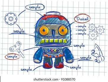 Robot doodle sketch design on a notebook paper