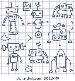 Robot doodles on a notebook paper