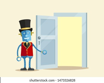 Robot doorman opening door to the future. Welcome to the future. Next century technologies. Blank area for text. Vector illustration flat design, cartoon style. Isolated on white background.