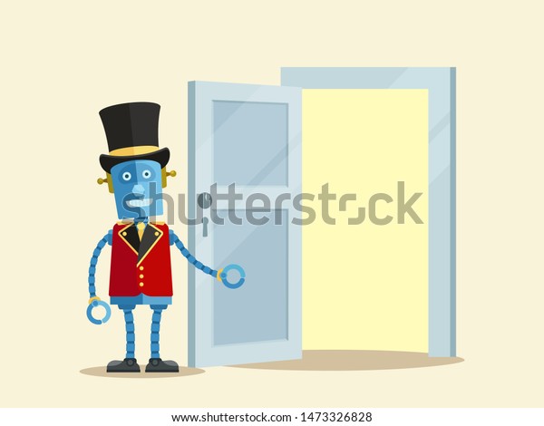 Robot doorman opening door to the future.\
Welcome to the future. Next century technologies. Blank area for\
text. Vector illustration flat design, cartoon style. Isolated on\
white background.