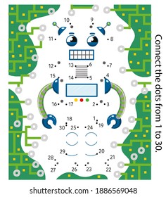 Robot. Dot to Dot. Connect the dots from 1 to 30. Game for kids. Vector illustration.