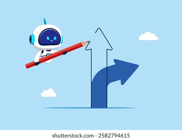 Robot draw new arrow of up. Decision to change to better opportunity. Modern flat vector illustration