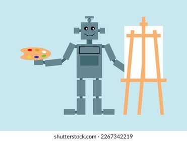 The robot draws a picture, vector. Robot artist draws a picture on canvas.