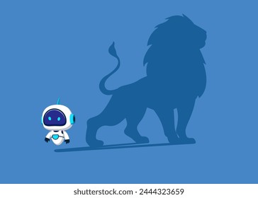 Robot dreams of becoming a lion. Confident handsome cyborg standing shadow of a lion reflects leadership. Flat vector illustration