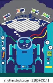 A Robot Dreams of Counting Battery Sheep concept. Editable Clip Art.