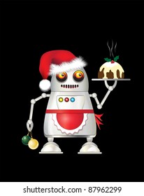A robot dressed for Christmas and serving Christmas pudding. Isolated on black. EPS10 vector format.