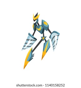 Robot robot with drill hands. Strong monster with metal body. Fantasy steel warrior. Flat vector design for mobile game